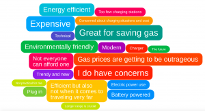 EV Word cloud, words or phrases that come to mind when you think of electric vehicles (EVs)